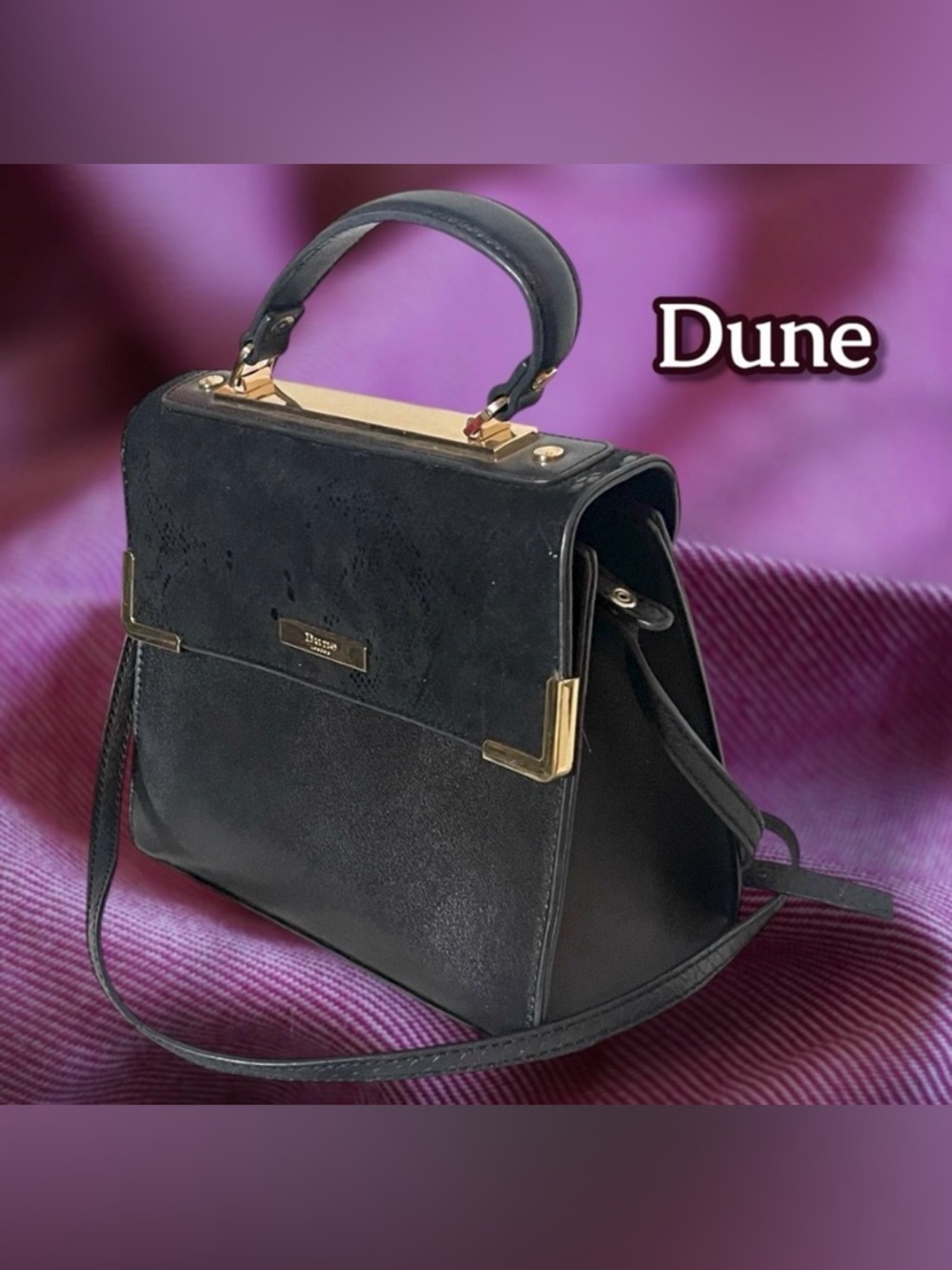 Dune London Black Faux Leather Reptile Embossed  Structured Satchel Crossbody
